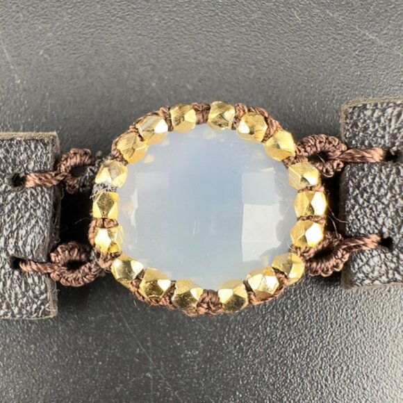 Artisan Handmade Leather Strap Bead Chaledoncy Stone 14k Gold Filled Bracelet - Picture 2 of 7